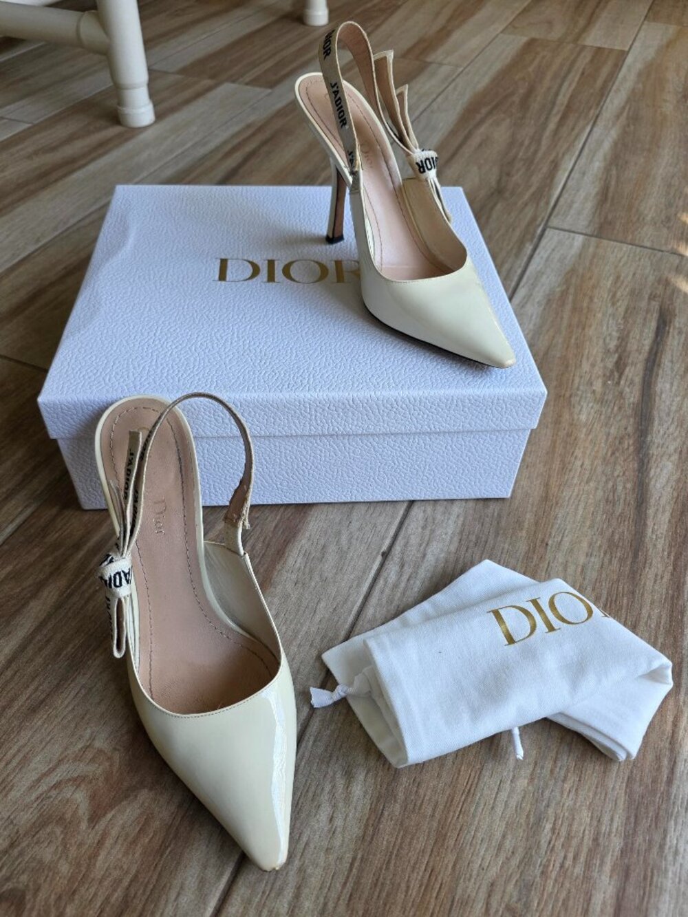 Dior J'Adior Sling Back White Patent Leather Ribbon Shoe Eur. 39
